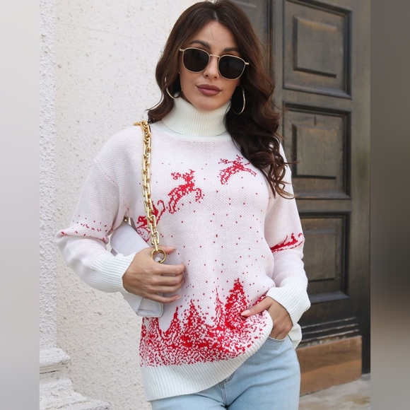Knit Turtleneck Santa Reindeer Classy Winter Christmas Scene Chic Sweater Top - Picture 8 of 9